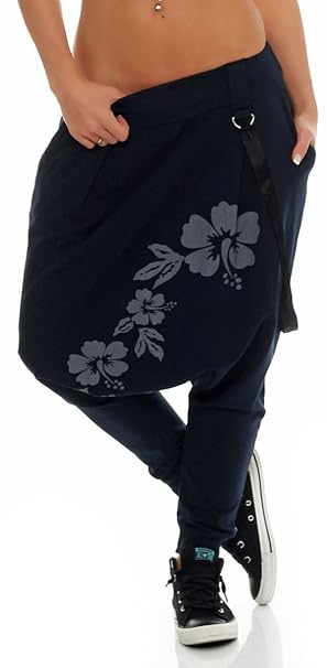 Malito Damen Haremshose mit tiefem Schnitt | Hose mit Flower Print | Baggy zum Tanzen | Sweatpants - Jogginghose 91085