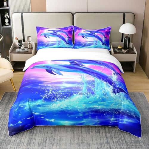 Homewish Bettbezug, Dolphin, Baumwolle, Bettwäsche, 220 x 240 cm, für Kinder, Jugendliche, Erwachsene, Wellen, Tagesdecke, Meer, Mond, Himmel, Bettwäsche-Set, Meerestiere in 3D