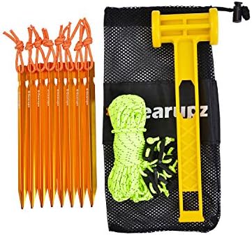 Gearupz Tent Stakes Kit With 10 Aluminium Alloy Pegs &amp; 4 Reflective Guyline &amp; Camping Hammer (Golden)