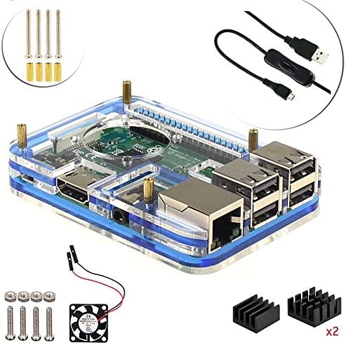 For Raspberry Pi 3 Model B Pi 2 Case Kit (5 layers Acrylic Case, Cooling fan, 3Pcs heatsink, ON/OFF Switch USB Cable) (Blue)