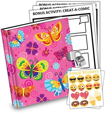 The Kids Merchant Pink Butterfly Kids Diary With Lock Includes 6.5 Inch Diary, Stickers, & Bonus Activity Pages