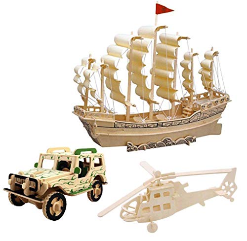 3D Wooden Puzzle Building Blocks Toys Manual DIY Stereo Model Diagram Creative Assembled Educational Toy for Kids and Adults -Sailboat&Jeep&Helicopter
