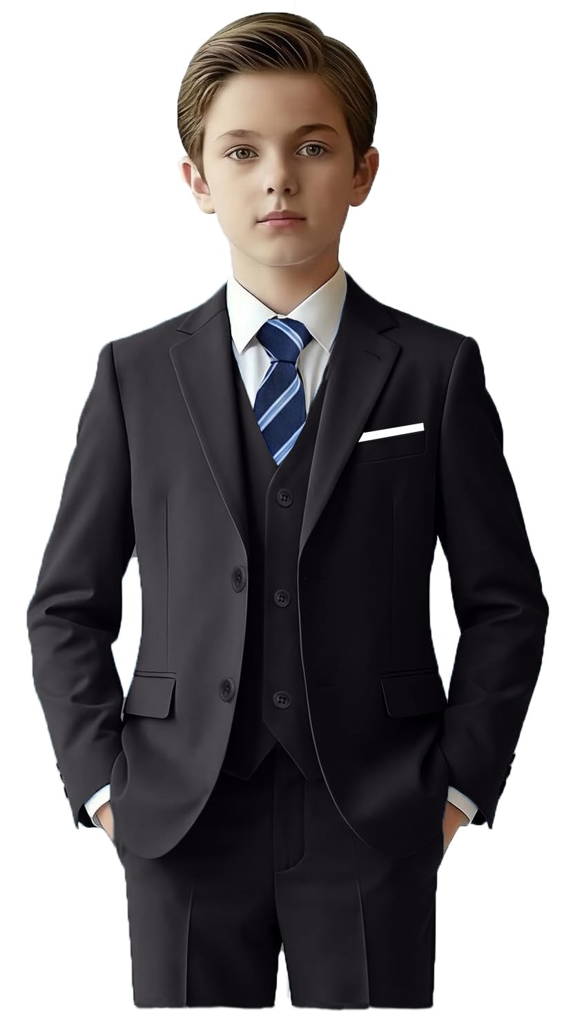 Little Boys 5 piece Suit, Handsome Blazer Trousers for Wedding, Graduation, Holiday Suit Black Size 7 Image