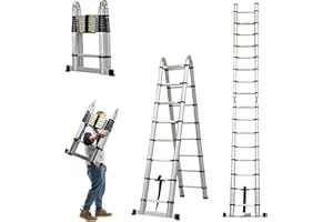 Qimu Aluminum Telescopic Extension Ladder 8.2FT A-Frame 2-in-1,Portable Multi-Purpose Folding with Balance Rod,8+8 Steps Adjustable Height,16.4FT in Straight Collapsible Ladder,330lbs Load