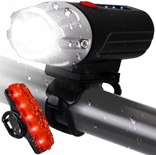 LEEQin USB Rechargeable LED Bike Light Set, Bicycle Headlight and Tail Light, Remaining Power Display, Waterproof Safety Flashlight for Camping, Kids, Men, Women and City Mountain Cycling