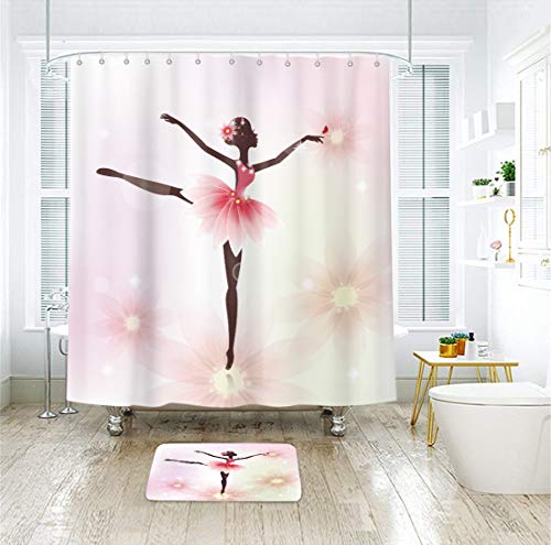 Riyidecor Girls Ballet Shower Curtain Ballerina Dancer Pink African American Floral Skirt Gymnastic Art Nursery Bathroom Decor Fabric Set Polyester Waterproof 72x72 Inch 12 Plastic Hooks