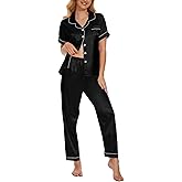 VENTELAN Womens Silk Satin Pajama Sets Short Sleeve Button Down Top and Long Pants 2 Piece Pjs Set Soft Sleepwear