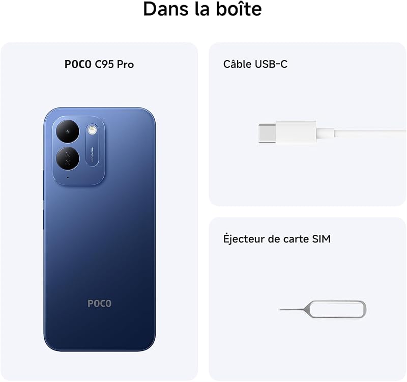 POCO C95 Pro, Smartphone 8+256 Go, Bleu, Batterie 7 500 mAh, Charge 45 W