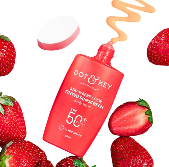 Dot & Key Strawberry Dew Tinted Sunscreen SPF 50 PA with Niacinamide & Hyaluronic Acid, available in Porcelain Light - (01) shade, 50ml for sun protection and hydration.