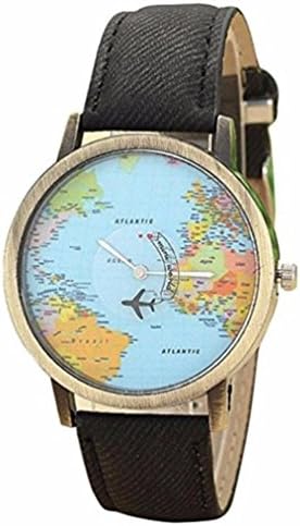 Auwer Watches, New Global Travel By Plane Map Watch Denim Fabric Band for gift
