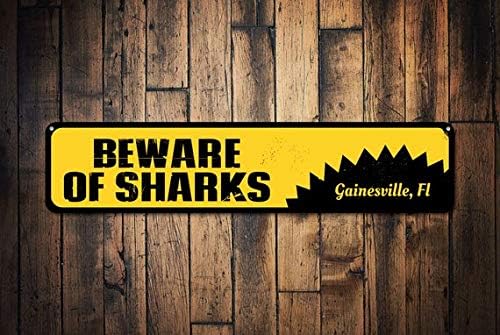 Beware Of Sharks Sign, Personalized Beach Location Sign, Custom Shark Lover Sign, Metal Beach House Decor,Metal Sign, 4" X 18"