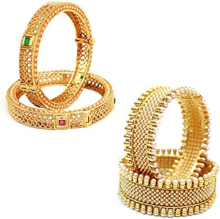 Traditional Bridal Golden Pearl Kada Bangle Set Ethnic Indian Partywear Wedding Jewelry Combo Pack of 2 Set (2.6)