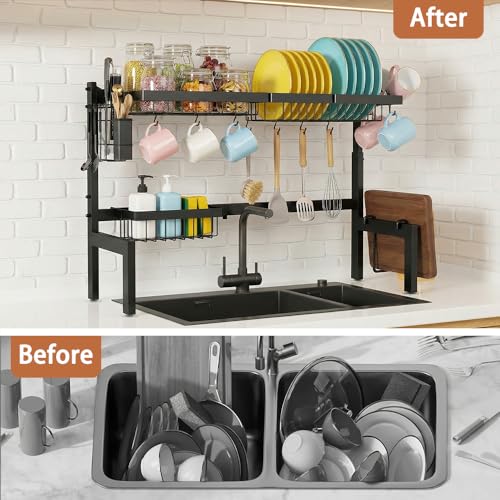 Gabeeriso Over Sink Dish Drying Stand Kitchen Organiser | 2-Tier Expandable Stainless Steel Dish Rack Adjustable 66-85cm with Drainage Tray Delivers Large Countertop Storage Capacity
