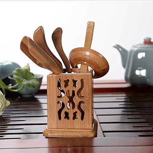 Decent Sheng Light Brown Bamboo Wood 6 pieces Tea Accessories Kongfu Tea Ceremony includes Tool Container Tea Scoop Tea Needle Tea Tong Tea Stick Tea Infuser Utensils Tea Set 7.5" x 3.5" x 3.5"