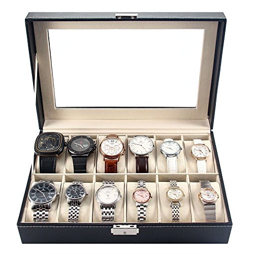 MelodySusie Watch Box Storage Organizer - Display Case with Glass Top Black Bi-cast Leather(12 Slots)