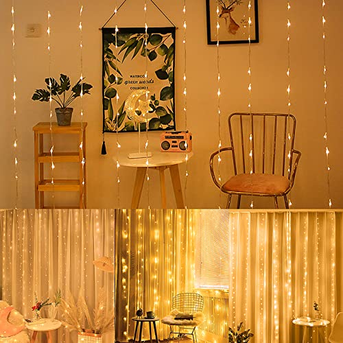 LED Lichtervorhang, 3mx2.4m 240 LEDS Vorhang Lichter USB betrieben 8 Modi mit Feenfenster Lichter mit Fernbedienung & Timer Warm weißes Licht für Indoor Outdoor Weihnachten Dekoration.