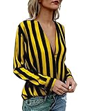 Ninimour Womens Stripes Deep V Long Sleeve Casual Blouse (Yellow&Black