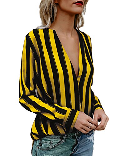 Ninimour Womens Stripes Deep V Long Sleeve Casual Blouse (Yellow&Black