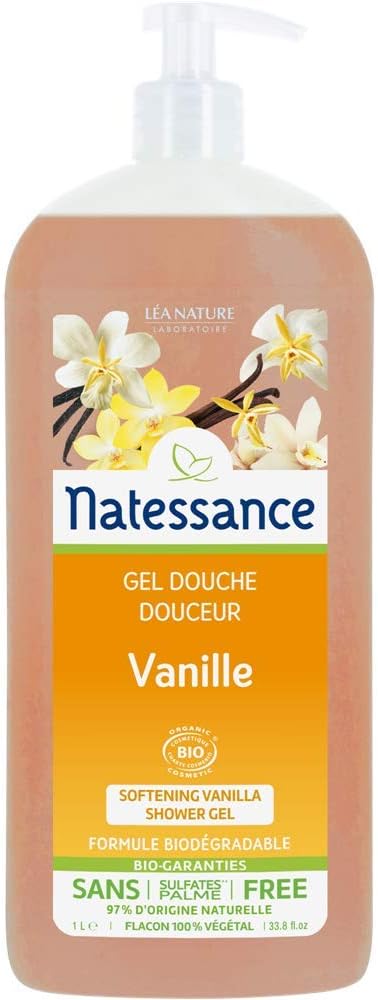 NatessanceOrganic Vanilla Shower Gel (Sulphate-free, Soap-free & Palm Oil-free) Suitable for all Skins, sucré, 1 count