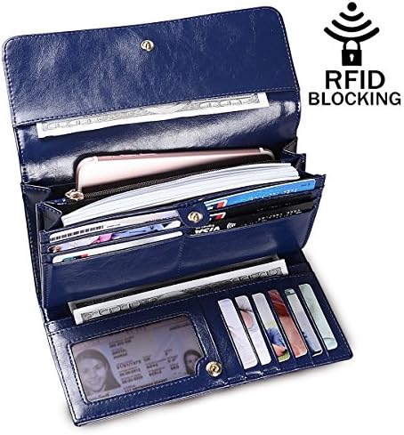 Women's Leather Wallet, RFID Blocking Wax Genuine Leather Clutch Wallets for Women Card Holder Organizer Long Ladies Purse, Gift Box (Dark Blue)