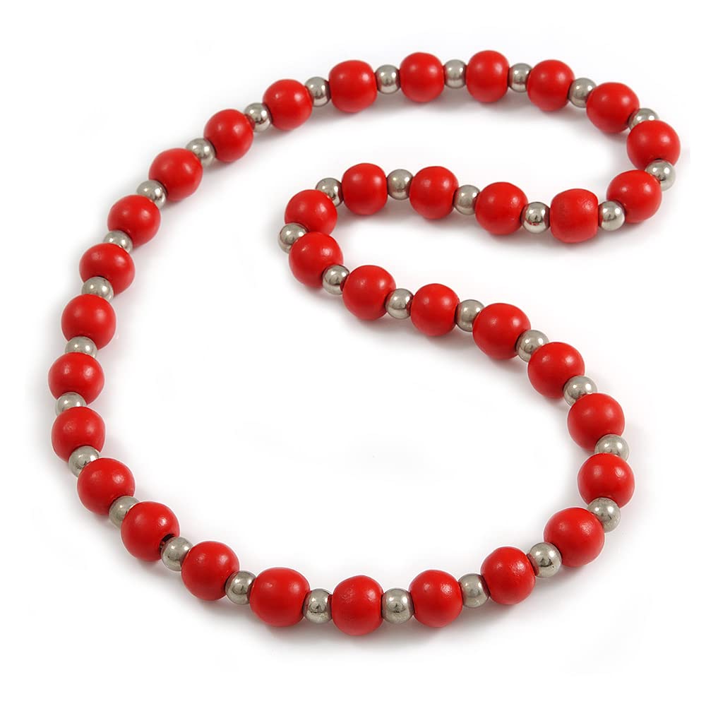 Avalaya Red Painted Wood and Silver Tone Acrylic Bead Long Necklace - 70cm L