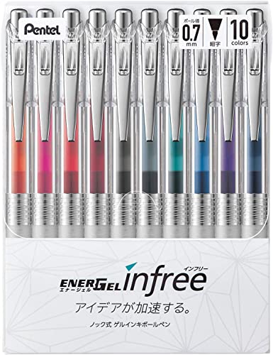 ぺんてる ボールペン ゲルインキ エナージェル インフリー 0.7mm クリア軸 BL77TL-10 10色