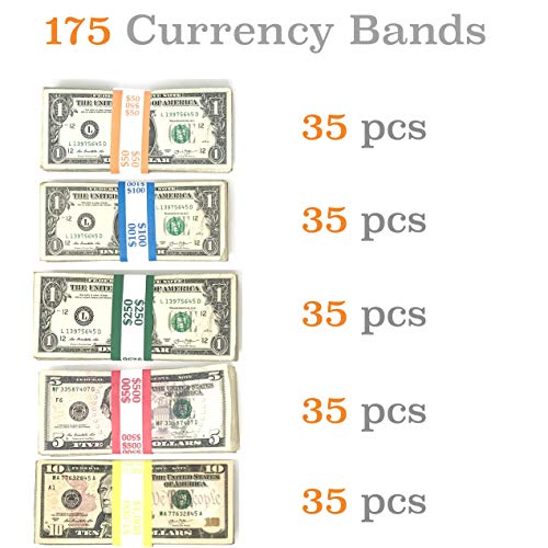 Money Bands Currency Sleeves Straps - Made in USA (Pack of 175) Self-Adhesive Assorted Money Wrappers for Bills Color Coded Wraps Meets ABA Standards, 7.5 x 1.25 inches - Counter Recyclable Kraft Pape