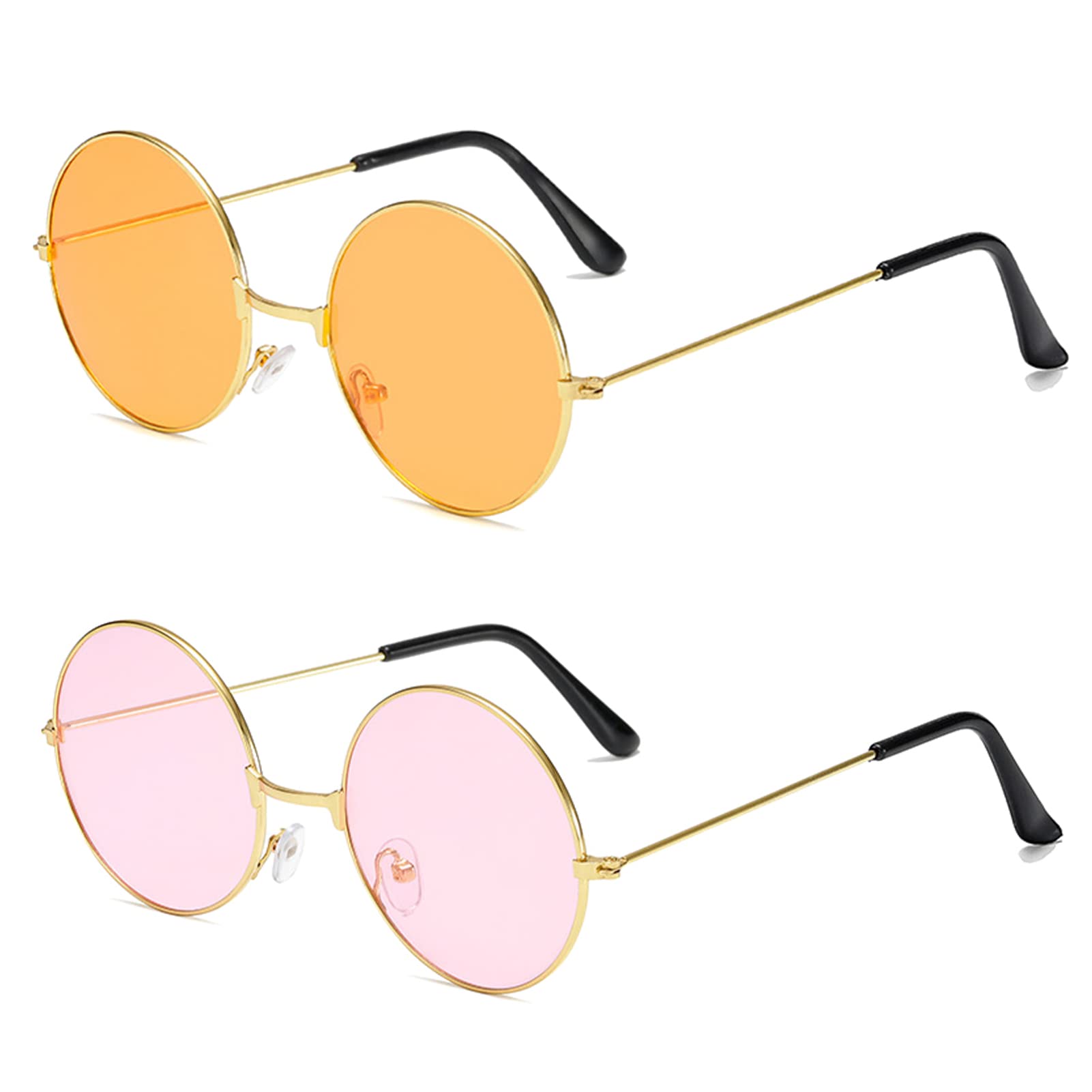 YuZhou 2 PCS Hippy Specs Sunglasses, Metal Round Frame Sunglasses Circle Retro Glasses Hippie Round Festival Vintage Sunglasses Disco Glasses Colored Lens Fancy Dress Sunglasses