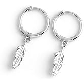 Huggie Small Sleeper Hoop Earrings for Women Girls Sterling Silver Cubic Zirconia with Charms Cute Drop Dangle Cuff Cartilage Helix Stud Dainty Multiple Jewelry (Silver Feather)