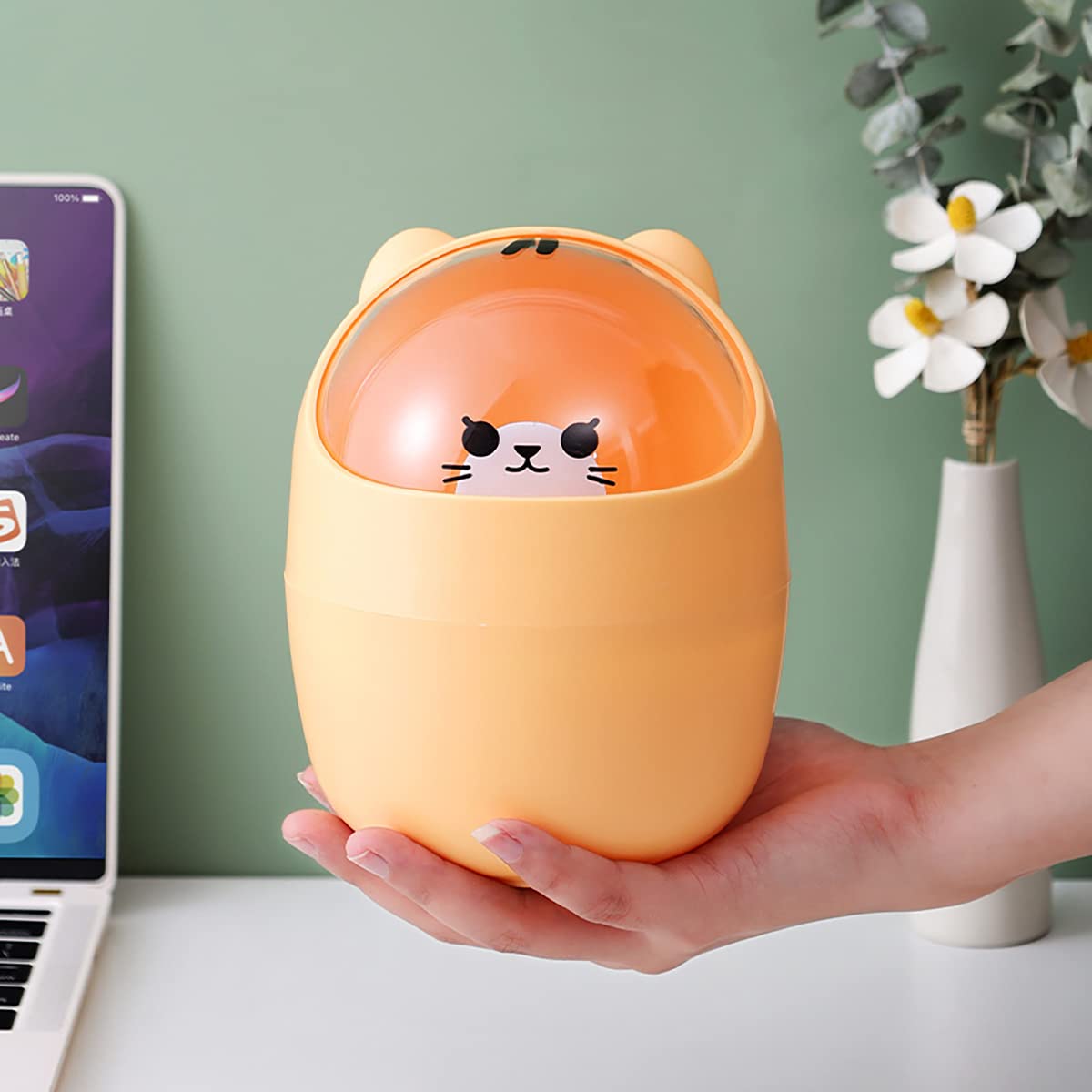 Verve Jelly Mini Trash Can, Cute Animal Desktops Trash Bin with Lid, Protable Rubbish Storage, Paper Bin, Garbage Bin for Office Kids Bedroom Use, 11x15.5 cm, 4L (Yellow) — image 1