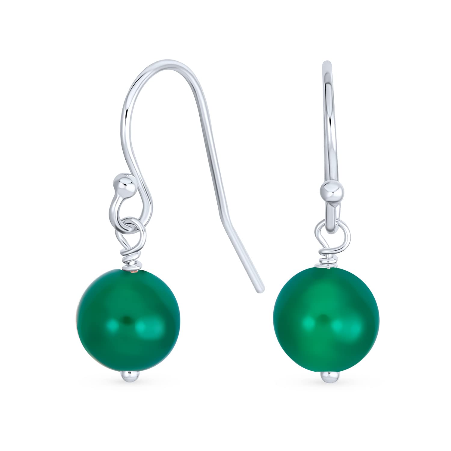 Simple Plain Green Agate Gemstone Round Dangle French Fish Hook Wire Ball Drop Earrings For Women .925 Sterling Silver