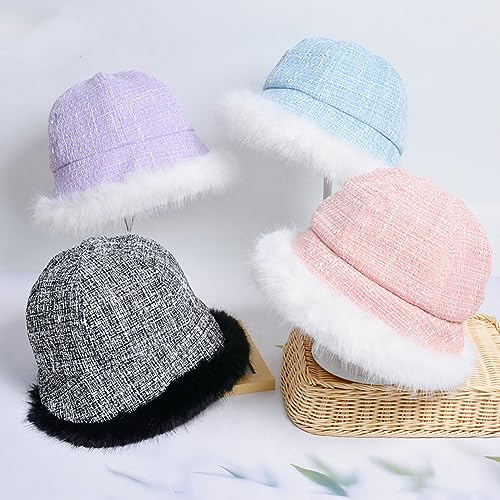 Rungion Furry Bucket Hat for Women Fashion Stripe Fisherman Cap