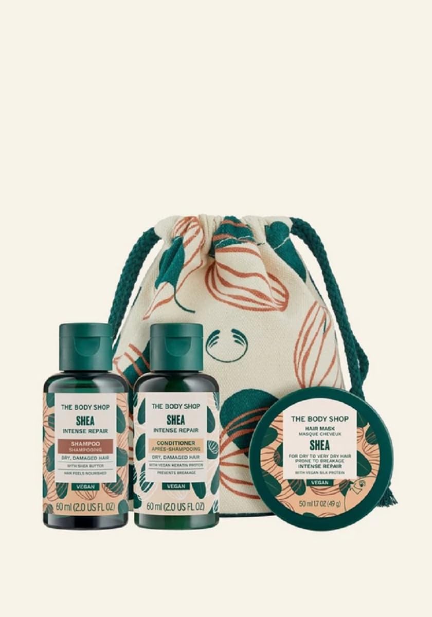 The Body Shop Shea Shampoo, Conditioner Mini 60ml, Hair Scalp Scrub 50ml Pouch Set
