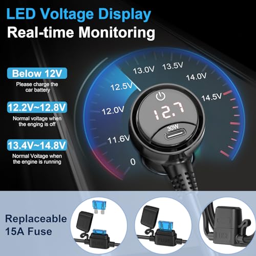 Qidoe 4 x Car Cigarette Lighter Charger Socket Adapter 300W Dual PD 30W and QC 3.0 12V-24V Car USB Socket with Independent Switch and LED Voltmeter for All Car Devices
