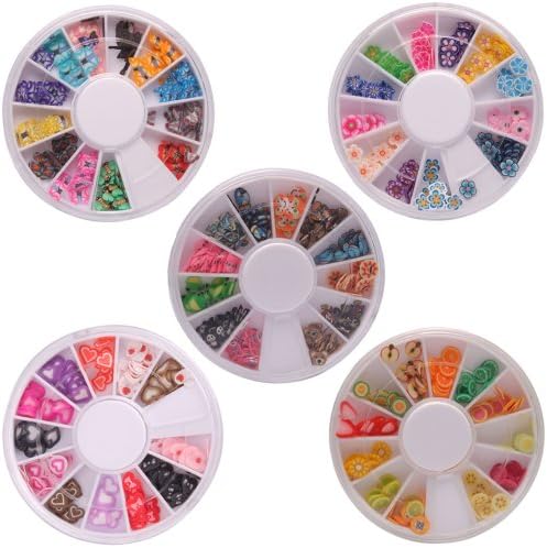 5 Wheels Combo Set 576pcs Nail Art Fimo Slices Tips Decal Pieces Accessories 3D DIY Decoration - Heart, Animal, Fruit, Butterfly, Flower Pattern