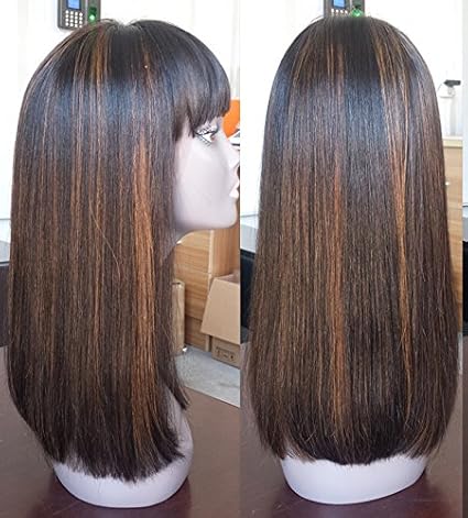 Wob Hair 150 Density Glueless None Lace Wig Bob Style Wig With Hair Fringe Medium Brown Cap Size Machine Made Wig 14inch Picture Highlight Color