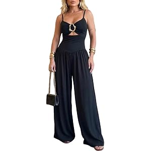 ChicMe Couture Women's Hollow V-Neck Backless Wide Leg Jumpsuit | Adjustable Spaghetti Straps, Side Pockets and Soft Stretch