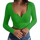Artfish Women's Long Sleeve Scoop Neck V Notch Ribbed Slim Fitted Casual Basic Crop Top