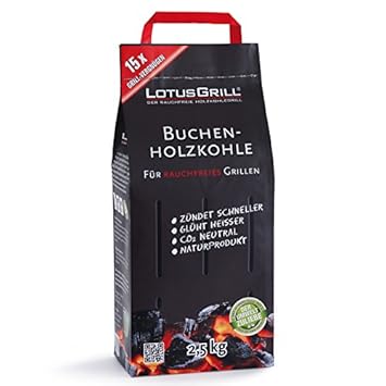 2x LotusGrill Buchenholzkohle 2,5 kg Sack inkl. LotusGrill Brennpaste 200 ml, beides entwickelt für raucharmes Grillen mit de