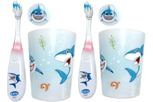 Lily's Home Kids Flashing Timer Toothbrush kids with Soft Bristles, Rising Cup & Cover - Fun 2-Min Light-Up Brushing for Children - Toddler Soft Toothbrush Kit -(shark)- set of 2