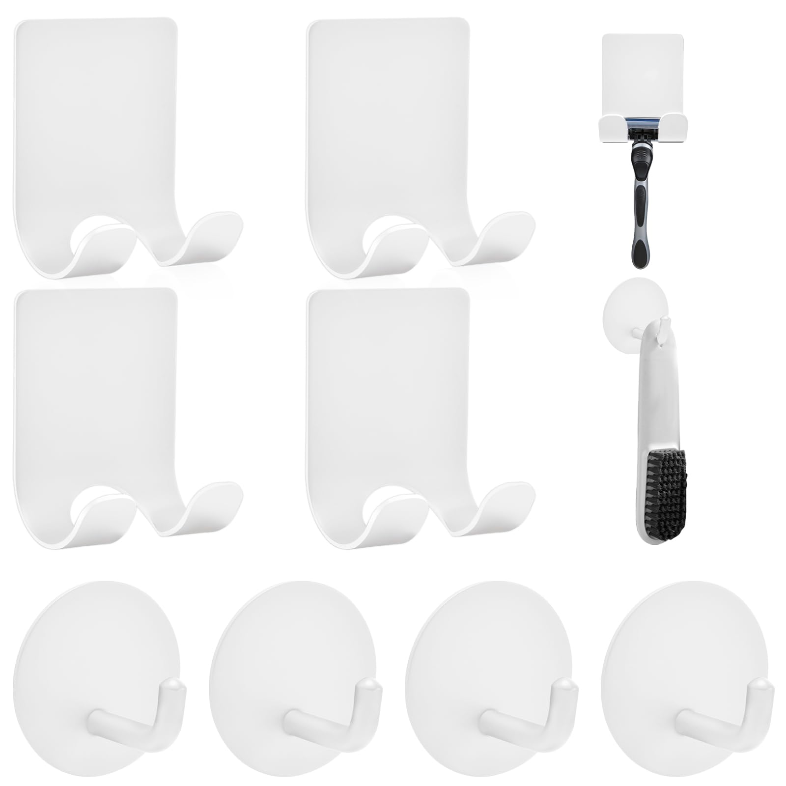 Photo 1 of Razor Holder for Shower + Adhesive Wall Hooks, Premium 304 Stainless Steel Shower Razor Holder with Heavy Duty Waterproof Sticky Hooks for Hanging Towels, Coat, hat (4+4 Pack) - White