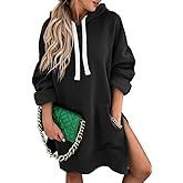 SHEWIN Women's Oversized Casual Pullover Long Sleeve Split Hem Drawstring Hoodies Dress With Kangaroo Pocket