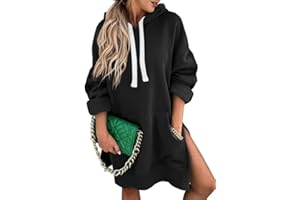 SHEWIN Women's Oversized Casual Pullover Long Sleeve Split Hem Drawstring Hoodies Dress With Kangaroo Pocket