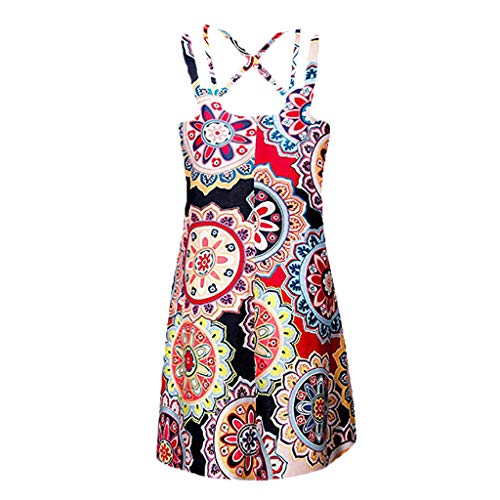 Sunhusing Womens Sling Off-Shoulder Flower Print Tank Top Dress Sleeveless Mini A-Line Beach Dress (M, Orange)