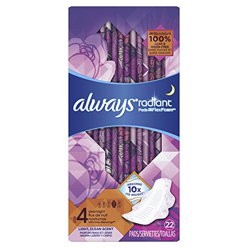 Always Radiant Overnight Feminine Pads with Wings, Scented, 22 Count - Pack of 3 (66 Total Count) (Package May Vary)