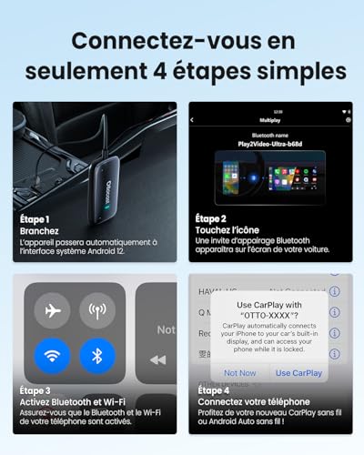 OTTOCAST Play2Video Ultra, 3-en-1 Boîtier AI pour Netflix/Youtube/Prime Video, Adaptateur CarPlay sans Fil & Android Auto avec clé USB, Wi-FI Dual Band, Bluetooth 5.4, 4Go+32Go, Plug & Play