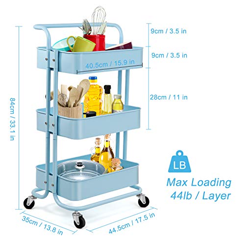 3Tier Metal Rolling Utility Carts with Wheels, Heavy Duty Organization