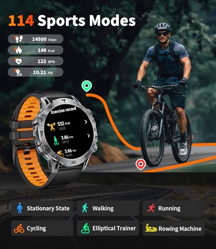 HIRREO EF18 Military Smart Watch for Men, 1000 mAh Large Battery, 1.85″ HD Smartwatch with LED Flashlight/Sleep/100+ Sports, IP68 Waterproof Smart Watches for Android iOS (3 Straps), Black