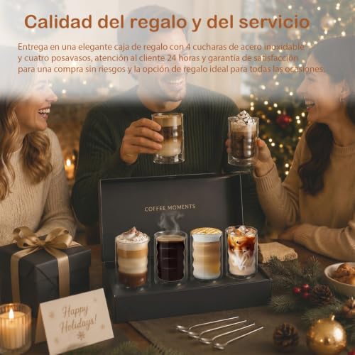 Juego de 4 Tazas de Café de Cristal 350ml – Vasos de Doble Pared de Vidrio Borosilicato con 4 Cucharillas y 4 Posavasos – Ideales para Café con Leche, Té, Latte, Macchiato y Espresso – Regalo para Pad