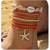 mintolex 7 Pack Boho Beaded Shell Anklet Bracelets for Women Colorful Stretch Cowrie Seashell Starfish Ankle Bracelet Stack Adjustable Summer Beach Accessories Cute Hawaiian Jewelry